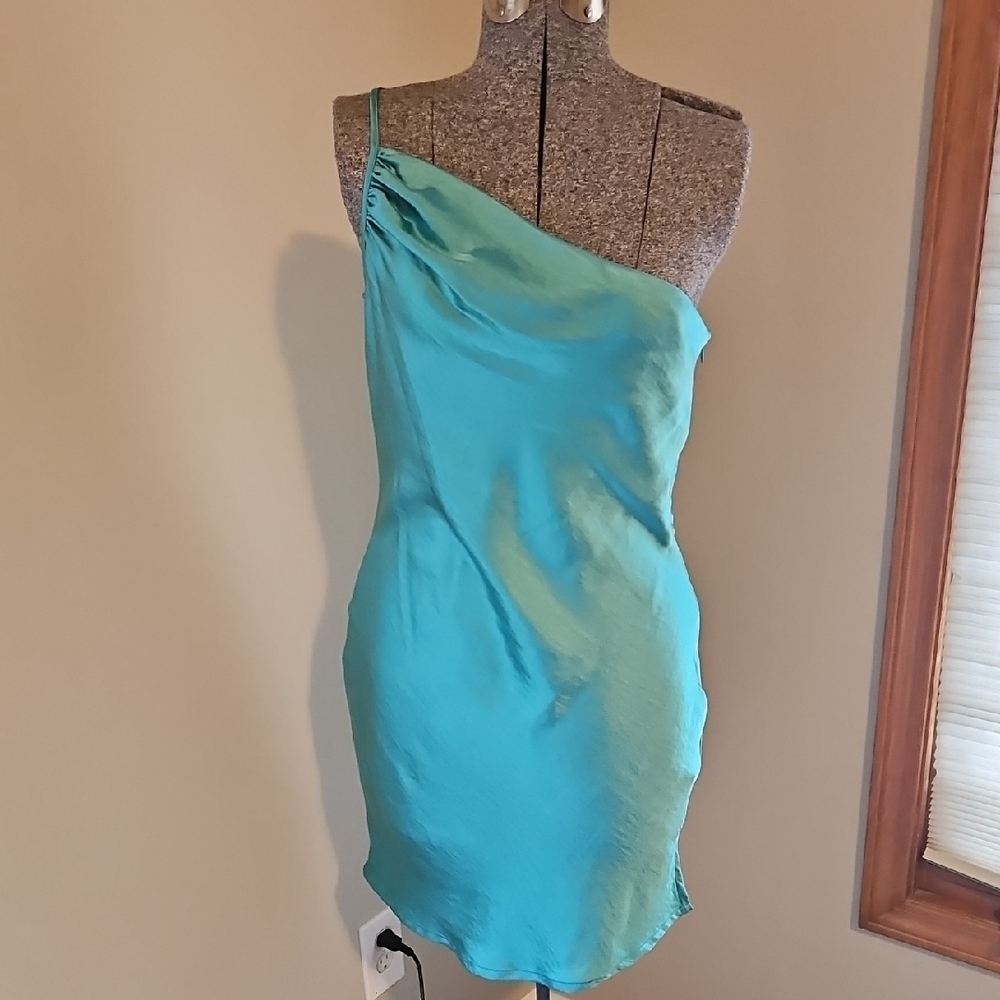 Nasty Gal one shoulder asymmetrical teal dress